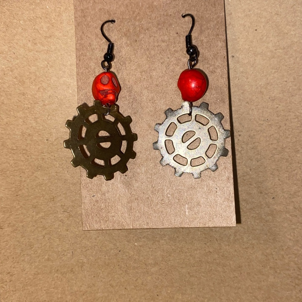 ☀️3/$9☀️ Handcrafted Gear Earrings with Red Beads